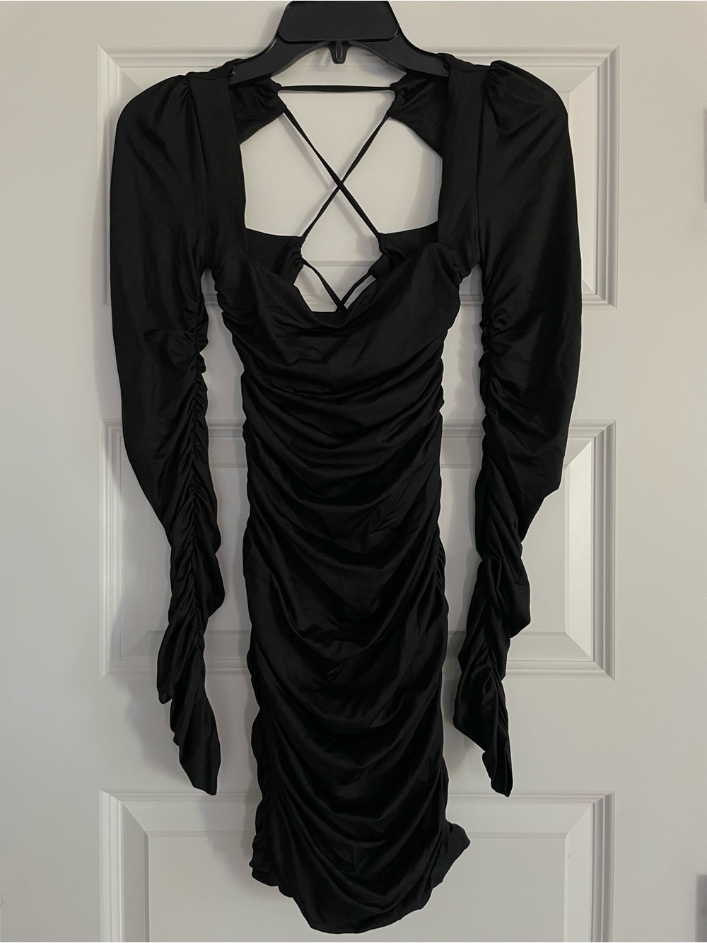 Oh Polly Black Ruched Long-Sleeve Bodycon Dress with Crisscross Plunge Back